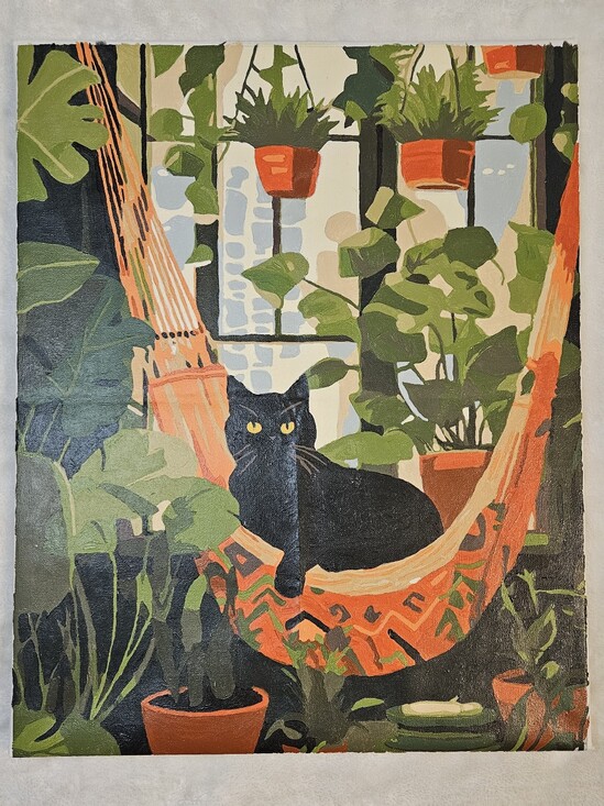 Hand Crafted Other - Hand Painted Black Cat in Hammock Canvas Art
